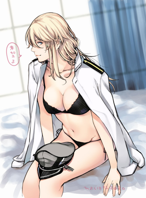 1girl, backlighting, bismarck_(kancolle), black_bra, black_panties, blonde_hair, blue_eyes, bra, breasts, cleavage, groin, hat_on_lap, hiyoshi_hana, jacket, jacket_on_shoulders, jewelry, kantai_collection, large_breasts, long_hair, navel, panties, ring, side-tie_panties, smile, solo, underwear, wedding_ring