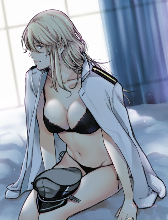 1girl, backlighting, bismarck_(kancolle), black_bra, black_panties, blonde_hair, blue_eyes, bra