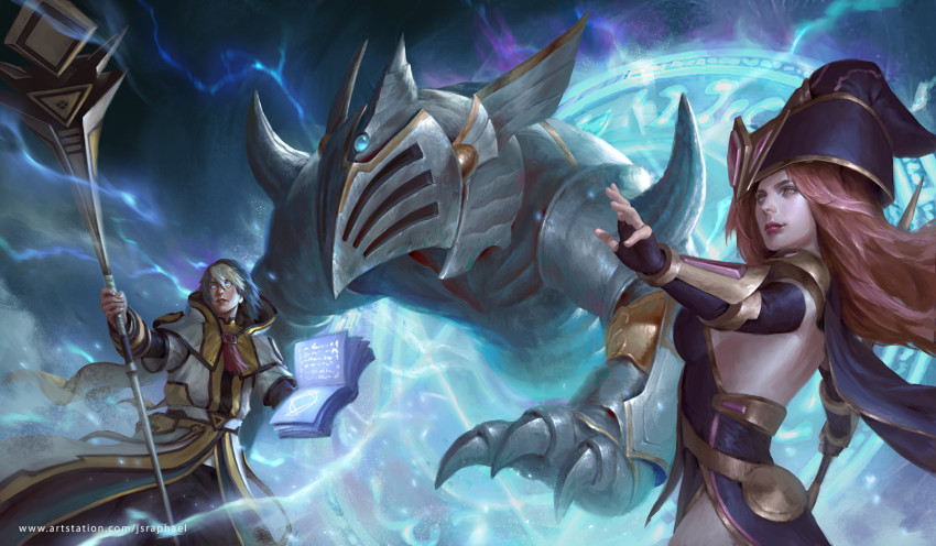 1boy, 1girl, aleister_the_invoker, armor, book, breasts, commentary, commission