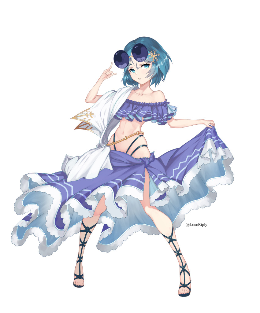 1girl, abs, blue_eyes, dmitriy_samarkin, dominiel_(epic_seven), epic_seven, eyewear_on_head, full_body