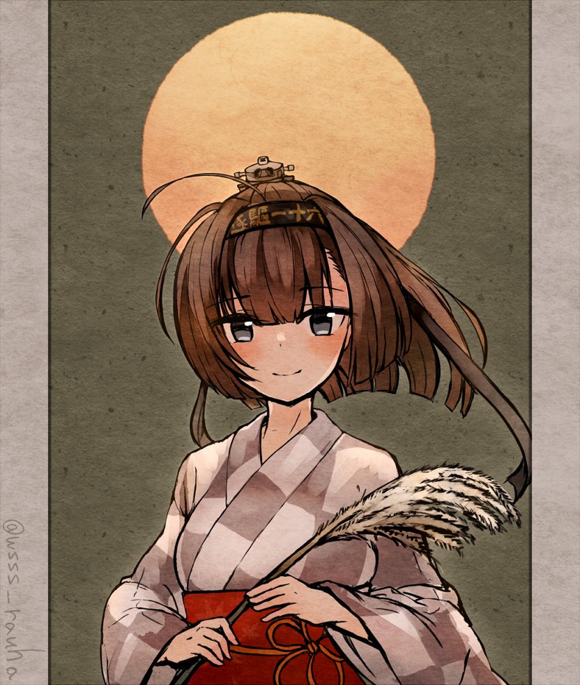 1girl, ahoge, akizuki_(kancolle), akizuki_(yukata)_(kancolle), black_eyes, black_hair, checkered_clothes, checkered_kimono