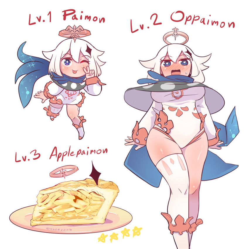 1girl, absurdres, apple_pie, asymmetrical_legwear, blue_eyes, blush, breast_expansion, breasts, cape, dress, english_text, fairy, food, genshin_impact, gimme2000, hair_between_eyes, hair_ornament, halo, highres, large_breasts, looking_at_viewer, one_eye_closed, paimon_(genshin_impact), pie, pun, romper, salute, scarf, short_hair, smile, two-finger_salute, uneven_legwear, white_dress, white_hair, white_romper