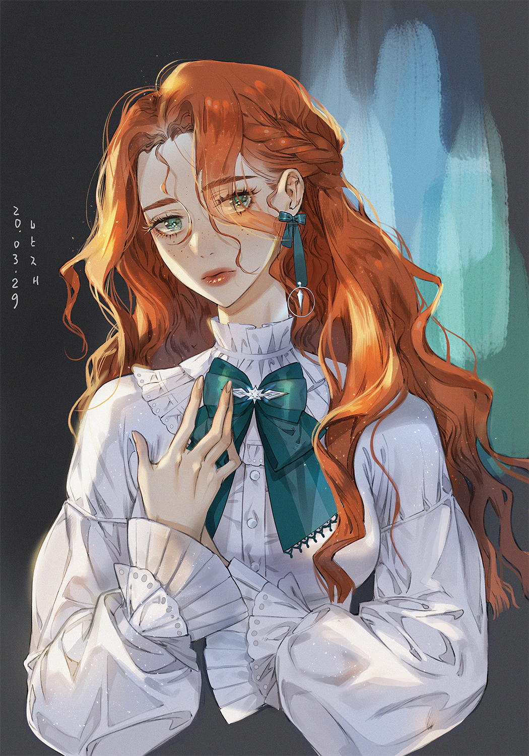 1girl, animal_ears, blue_eyes, bow, braid, breasts, coldbrew, ear_ribbon, earrings, eyelashes, freckles, green_neckwear, green_ribbon, highres, jewelry, lips, long_hair, long_sleeves, looking_at_viewer, medium_breasts, orange_hair, original, red_lips, ribbon, shirt, very_long_hair, white_shirt