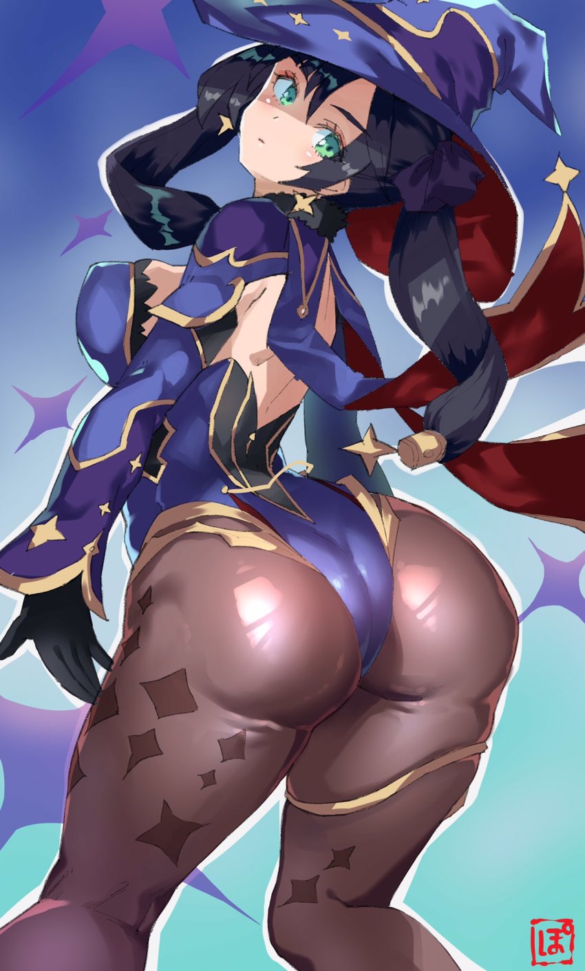 1girl, aqua_eyes, ass, black_hair, blue_leotard, blush, bodystocking, bodysuit, bodysuit_under_clothes, breasts, earrings, from_behind, gem_(symbol), genshin_impact, hat, highres, huge_ass, jewelry, leotard, long_hair, looking_at_viewer, looking_back, medium_breasts, mona_(genshin_impact), pantyhose, pokkora, purple_hat, purple_leotard, shiny_skin, solo, standing, star_(symbol), star_earrings, thick_thighs, thighlet, thighs, wide_hips, witch_hat