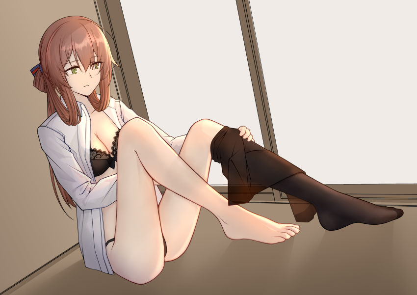 1girl, absurdres, black_bra, black_panties, black_pantyhose, bra, breasts, brown_hair, clothes_pull, collared_shirt, girls'_frontline, green_eyes, hair_between_eyes, hair_ribbon, hair_rings, highres, large_breasts, long_hair, long_sleeves, macayase, open_clothes, open_shirt, panties, pantyhose, pantyhose_pull, ponytail, ribbon, shirt, sidelocks, sitting, solo, springfield_(girls'_frontline), underwear, white_shirt