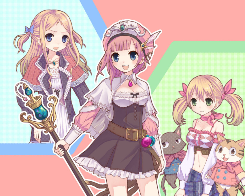 3girls, aranya_(atelier), atelier_(series), atelier_rorona, blonde_hair, blue_eyes, breasts, brown_dress