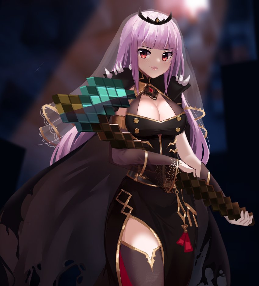 1girl, breasts, cleavage, dayshiart, diamond_hoe, highres, holding_hoe, hololive, hololive_english, large_breasts, long_hair, looking_at_viewer, minecraft, mori_calliope, parted_lips, pink_hair, red_eyes, solo, tiara, veil, virtual_youtuber