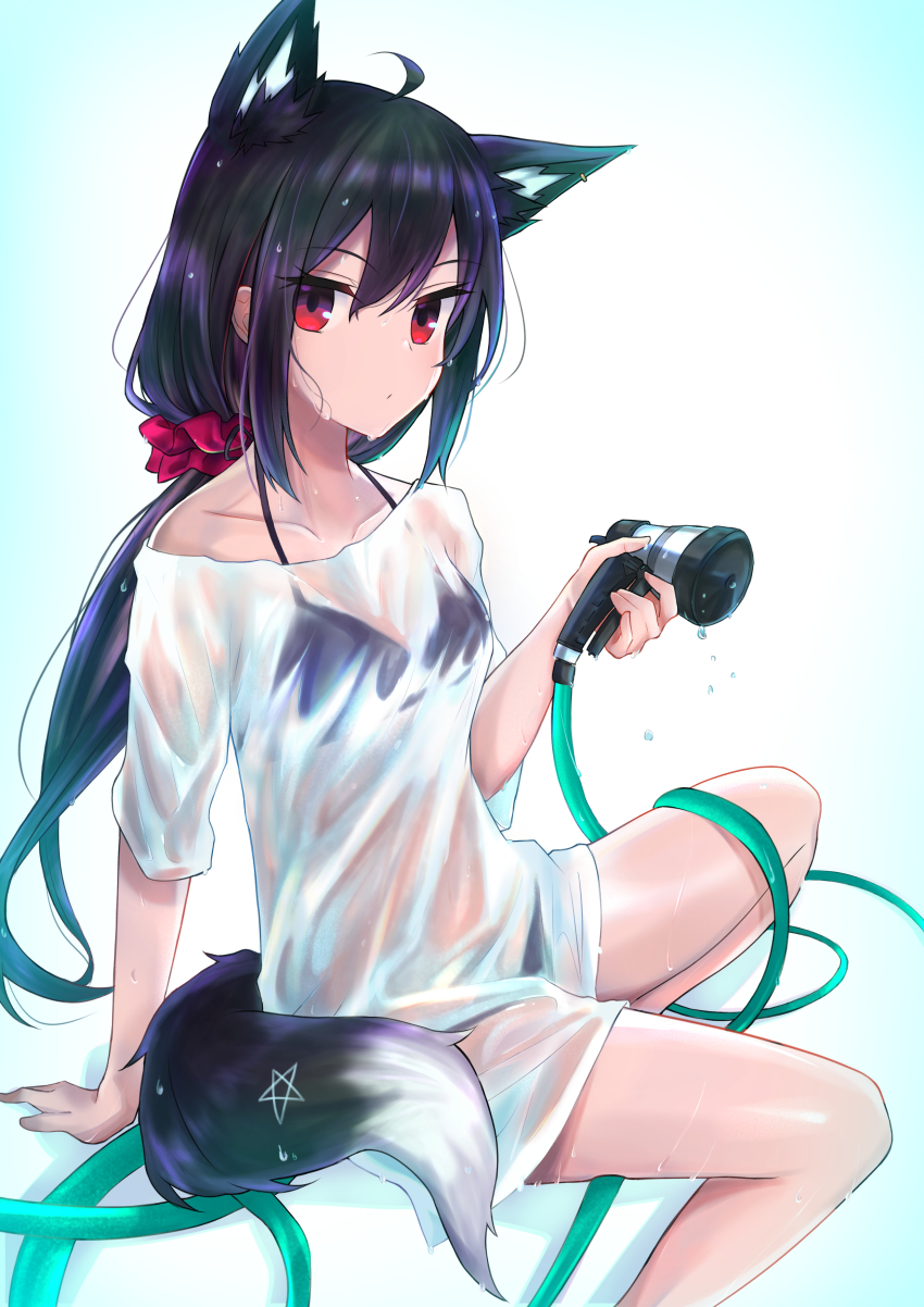 1girl, absurdres, ahoge, animal_ear_fluff, animal_ears, bad_id, bad_pixiv_id, bikini, black_bikini, black_hair, collarbone, commentary_request, earrings, fox_ears, fox_girl, fox_tail, hair_between_eyes, hair_ornament, hair_scrunchie, highres, holding, holding_hose, hololive, hose, hose_nozzle, iwahada, jewelry, kurokami_fubuki, long_hair, looking_at_viewer, pentagram, red_eyes, scrunchie, shirt, simple_background, sitting, solo, swimsuit, tail, virtual_youtuber, wet, wet_clothes, wet_shirt, white_background, white_shirt