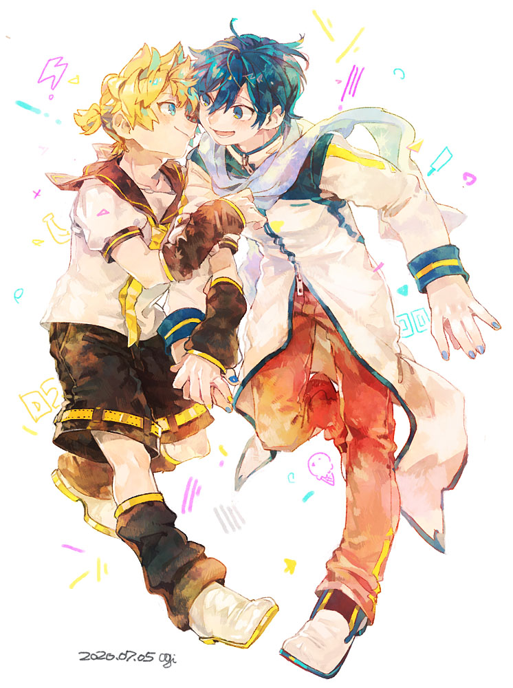 !, 2boys, 8'108, arm_warmers, banana, black_collar, black_shorts, black_sleeves