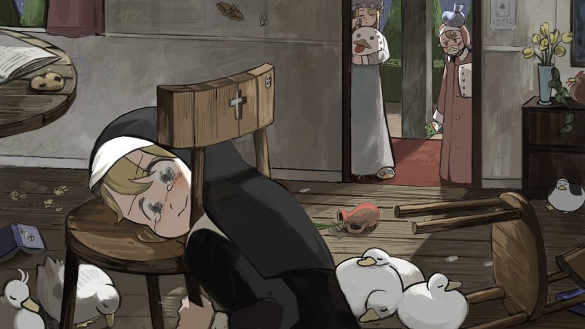 3girls, :>, animal_slippers, ant, atlas_moth, bible_(object), bird, blonde_hair