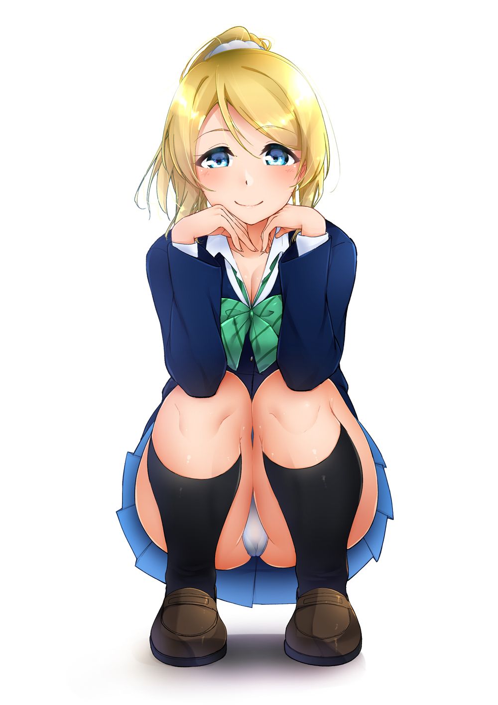 1girl, ayase_eli, black_socks, blazer, blonde_hair, blush, breasts, brown_shoes