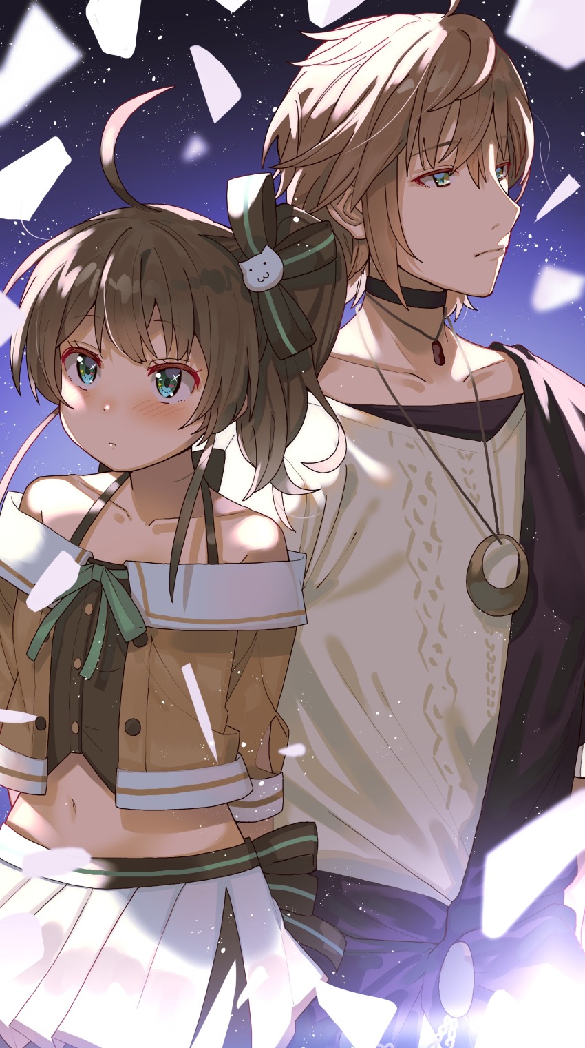 1boy, 1girl, absurdres, ahoge, aqua_eyes, arms_behind_back, bare_shoulders, black_choker