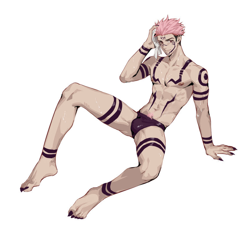 1boy, abs, black_briefs, black_hair, black_male_underwear, black_nails, briefs, bulge