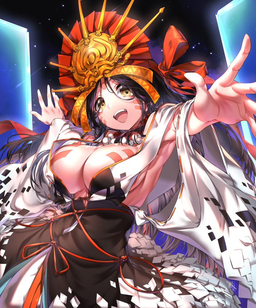 1girl, absurdres, acuma, bead_necklace, beads, black_hair, body_markings, breasts