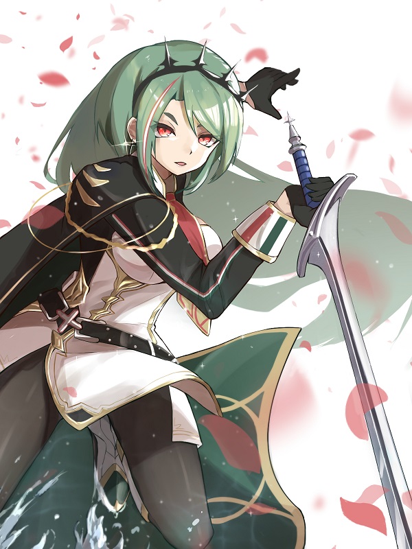 1girl, aiguillette, azur_lane, black_gloves, cape, cross, cross_earrings, earrings, gloves, green_cape, green_hair, half_gloves, holding, holding_sword, holding_weapon, italian_flag, jewelry, littorio_(azur_lane), medal, multicolored_hair, necktie, pantyhose, petals, red_eyes, red_necktie, satanfang, simple_background, solo, streaked_hair, sword, weapon