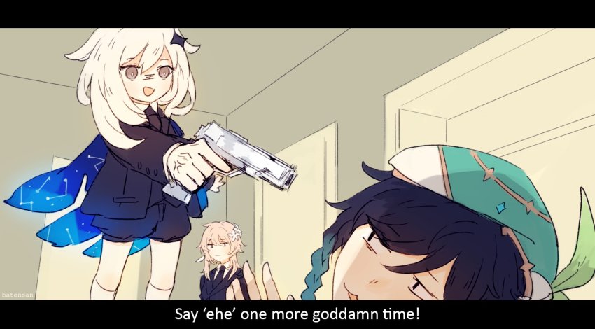 1boy, 2girls, anger_vein, angry, batensan, blonde_hair, braid, cape, english_motherfucker_do_you_speak_it_(meme), flower, formal_clothes, genshin_impact, gradient_hair, gun, hair_flower, hair_ornament, handgun, hands_up, hat, highres, lumine_(genshin_impact), meme, multicolored_hair, multiple_girls, paimon_(genshin_impact), parody, pistol, platinum_blonde_hair, pulp_fiction, suit, venti_(genshin_impact), weapon