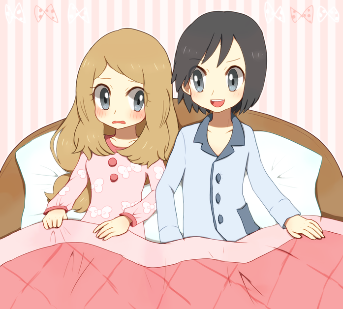 1boy, 1girl, ako_(ako0905), bed, black_hair, blush, buttons, calem_(pokemon)