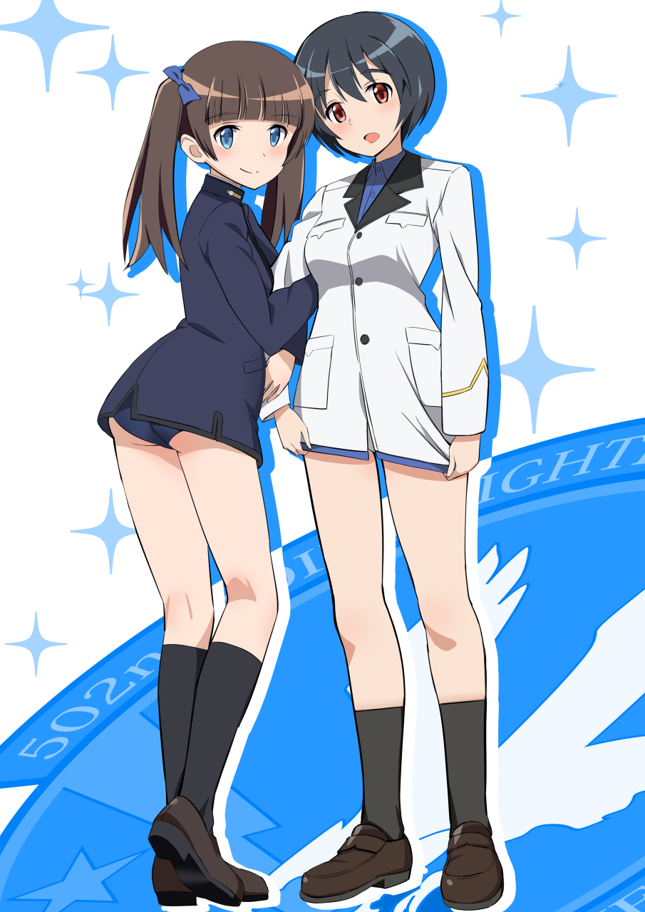 502nd_joint_fighter_wing, 502nd_joint_fighter_wing_(emblem), arm_up, ass, black_hair, black_legwear, blue_eyes, blue_jacket, blue_one-piece_swimsuit, blue_ribbon, blue_shirt, blunt_bangs, brave_witches, brown_footwear, brown_hair, closed_mouth, commentary_request, cosplay, costume_switch, dress_shirt, georgette_lemare, hair_ribbon, high_collar, highres, jacket, jacket_tug, kaneko_(novram58), loafers, long_hair, long_sleeves, looking_at_viewer, looking_back, no_pants, one-piece_swimsuit, open_mouth, partial_commentary, red_eyes, ribbon, shimohara_sadako, shirt, shoes, short_hair, silhouette, smile, socks, sparkle, swimsuit, swimsuit_under_clothes, twintails, white_jacket, world_witches_series