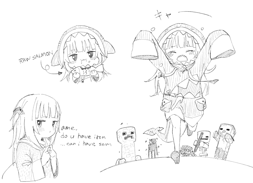 1girl, animal_hood, commentary, creeper, eating, enderman, english_commentary, english_text