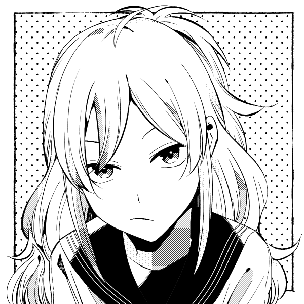 alicetaria_february, bad_id, bad_pixiv_id, border, eyebrows_hidden_by_hair, facing_viewer, greyscale, konkichi_(flowercabbage)