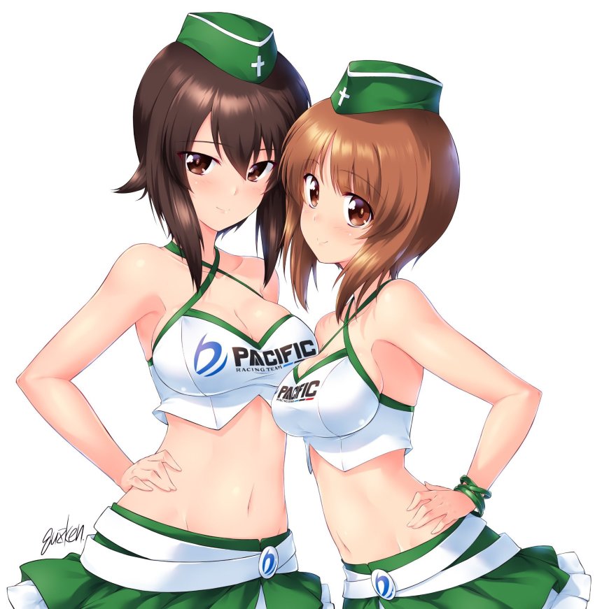 2girls, artist_name, belt, blush, bracelet, breasts, brown_eyes, brown_hair