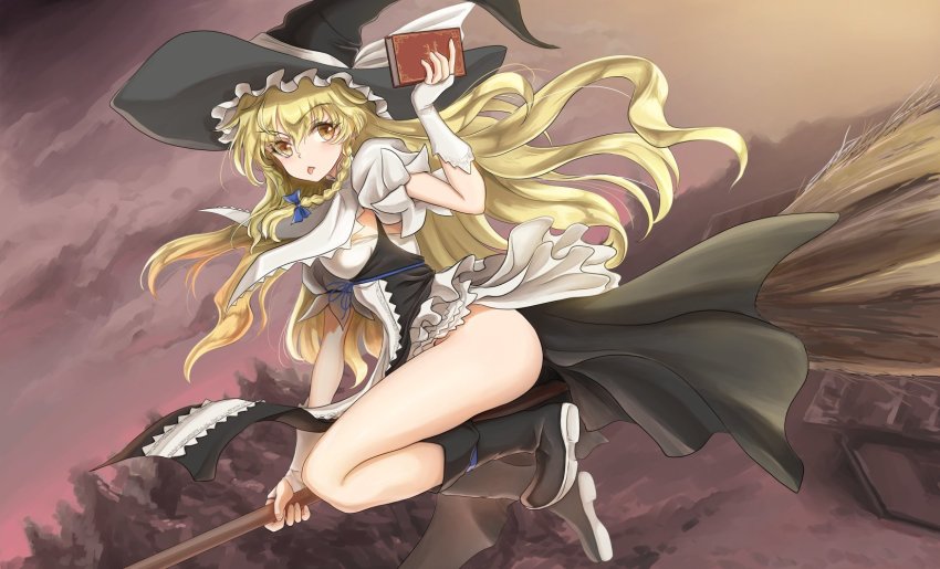 1girl, adapted_costume, apron, ass, black_boots, black_dress, black_hat, blonde_hair