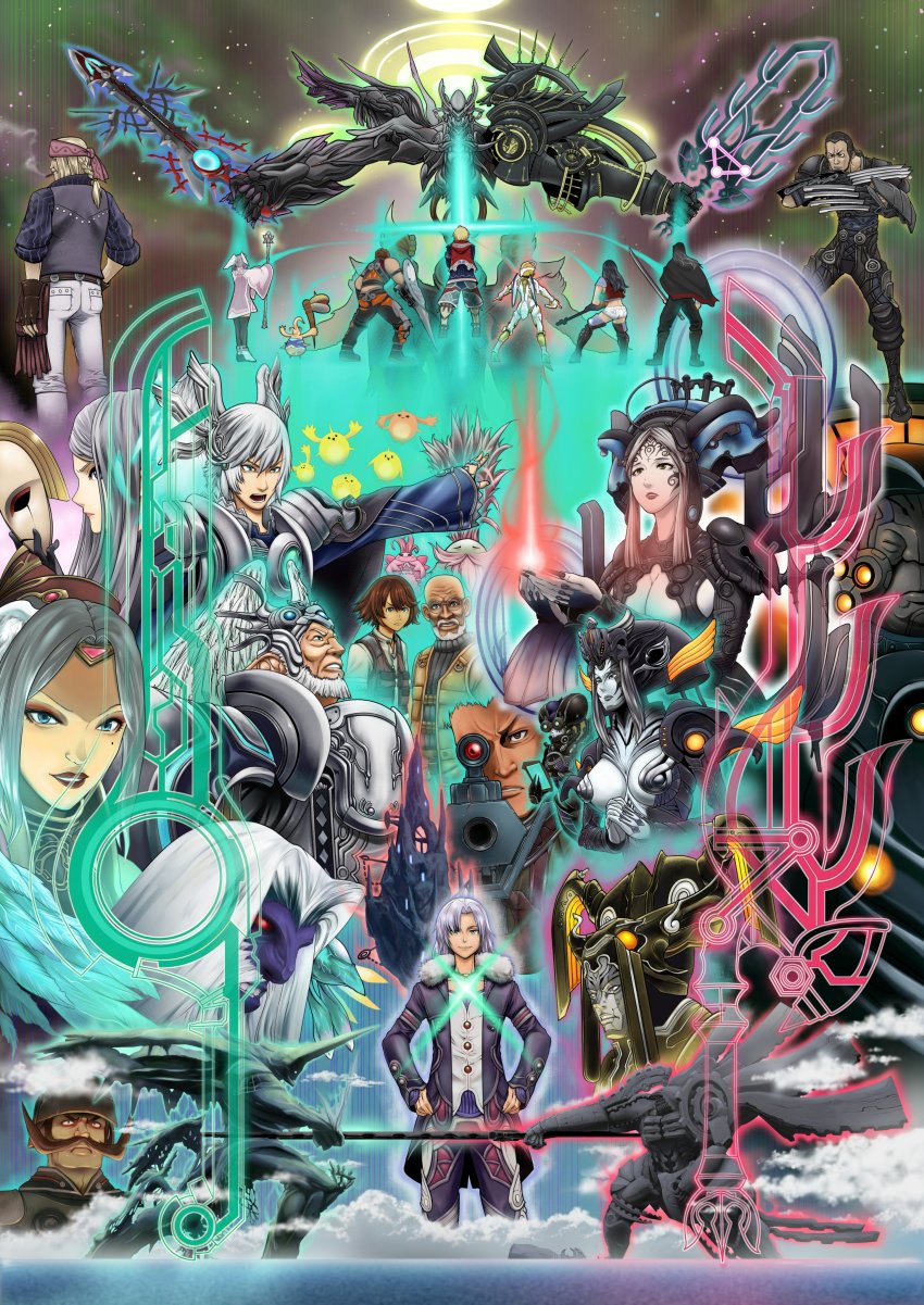 6+boys, 6+girls, absurdres, alvis_(xenoblade), arglas_(xenoblade), bionis, breasts, claws, cleavage, dickson_(xenoblade), dunban_(xenoblade), egil_(xenoblade), everyone, facial_hair, fingerless_gloves, fiora_(xenoblade), gadolt_(xenoblade), gloves, gun, halo, highres, juju_(xenoblade), kallian_antiqua, large_breasts, linada_(xenoblade), lips, lorithia_(xenoblade), mecha-fiora, medium_breasts, melia_antiqua, meyneth_(xenoblade), meyneth_monado, miqol_(xenoblade), mole, mole_under_eye, monado, multiple_boys, multiple_girls, mumkhar_(xenoblade), mustache, ocean, otharon_(xenoblade), reyn_(xenoblade), rifle, riki_(xenoblade), sharla_(xenoblade), shulk_(xenoblade), sniper_rifle, sorean_antiqua, spoilers, tyrea_(xenoblade), vanea_(xenoblade), vangarre_(xenoblade), weapon, xenoblade_chronicles_(series), xenoblade_chronicles_1, zanza's_monado, zanza_(xenoblade), zibundazenbu