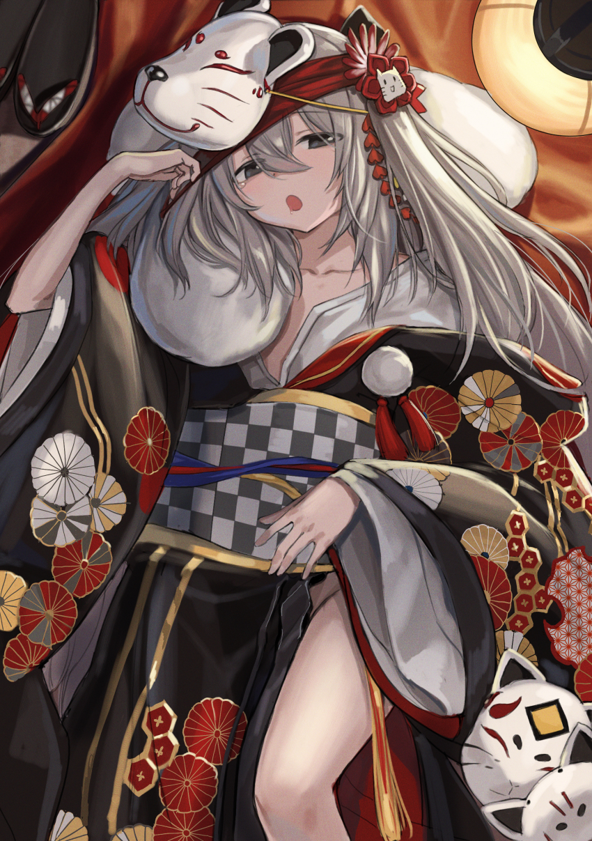 1girl, absurdres, black_kimono, floral_print, fox_mask, g11_(girls'_frontline), g11_(lucky_rat's_lazy_spring)_(girls'_frontline), girls'_frontline, grey_hair, hair_between_eyes, hair_ornament, highres, japanese_clothes, kimono, kuro_(zhurunbo1997), lantern, long_hair, long_sleeves, lying, mask, mask_on_head, no_panties, obi, official_alternate_costume, okobo, on_back, open_mouth, platform_sandals, sandals, sash, solo, tears, wide_sleeves