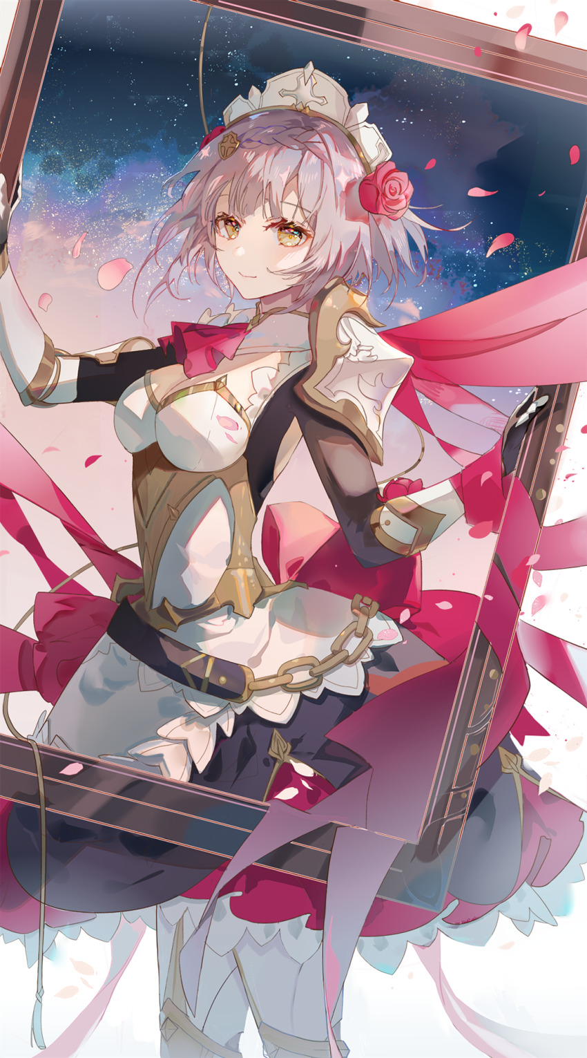 1girl, apron, armor, armored_boots, armored_dress, ascot, belt, black_dress, boobplate, boots, breastplate, breasts, cleavage, closed_mouth, dress, dutch_angle, eyebrows, flower, fre_(haochilanzuo), gauntlets, genshin_impact, gold_trim, grey_hair, hair_flower, hair_ornament, headpiece, highres, holding, holding_mirror, layered_dress, looking_at_viewer, maid_apron, maid_headdress, mirror, noelle_(genshin_impact), pauldrons, petals, red_dress, short_hair, shoulder_armor, smile, solo, standing, vambraces, white_dress
