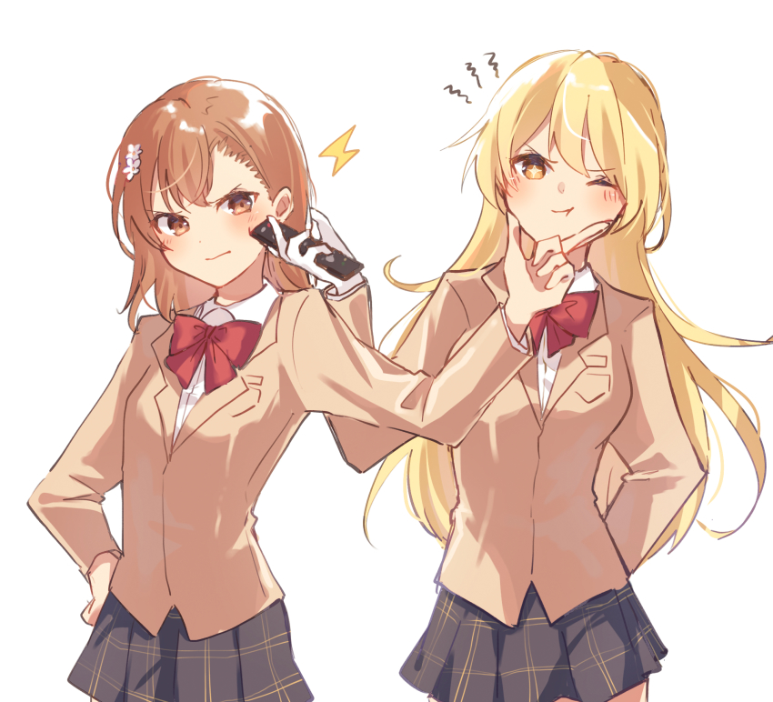 +_+, 2girls, ;t, black_skirt, blazer, blonde_hair, blush, bow