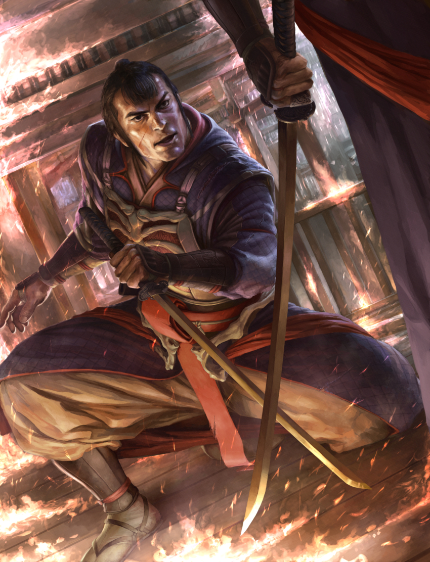 2boys, black_eyes, black_hair, blunt_bangs, bracer, fighting_stance, fire, highres