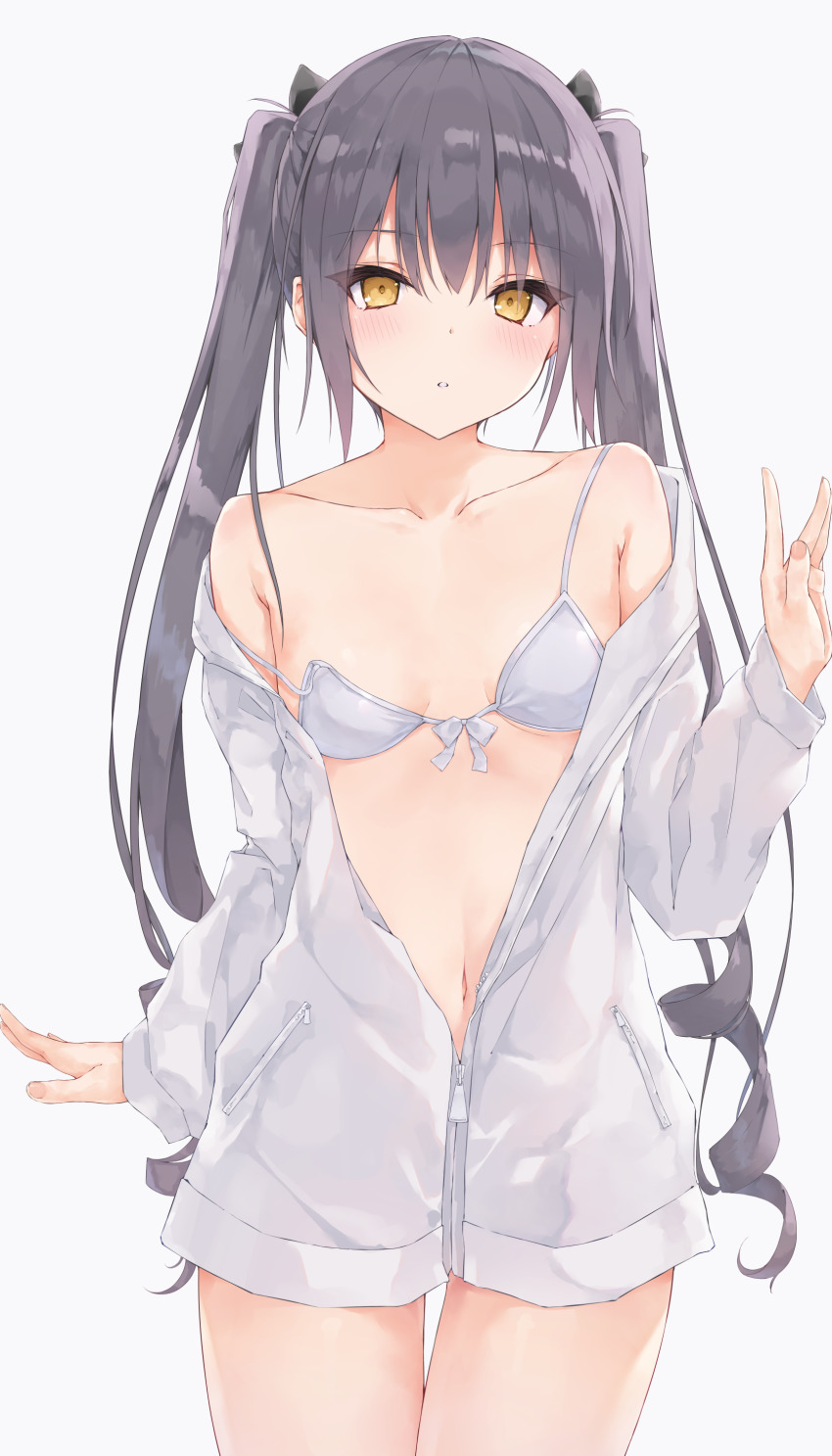 1girl, absurdres, bare_shoulders, bikini, bikini_under_clothes, blush, breasts, breasts_apart