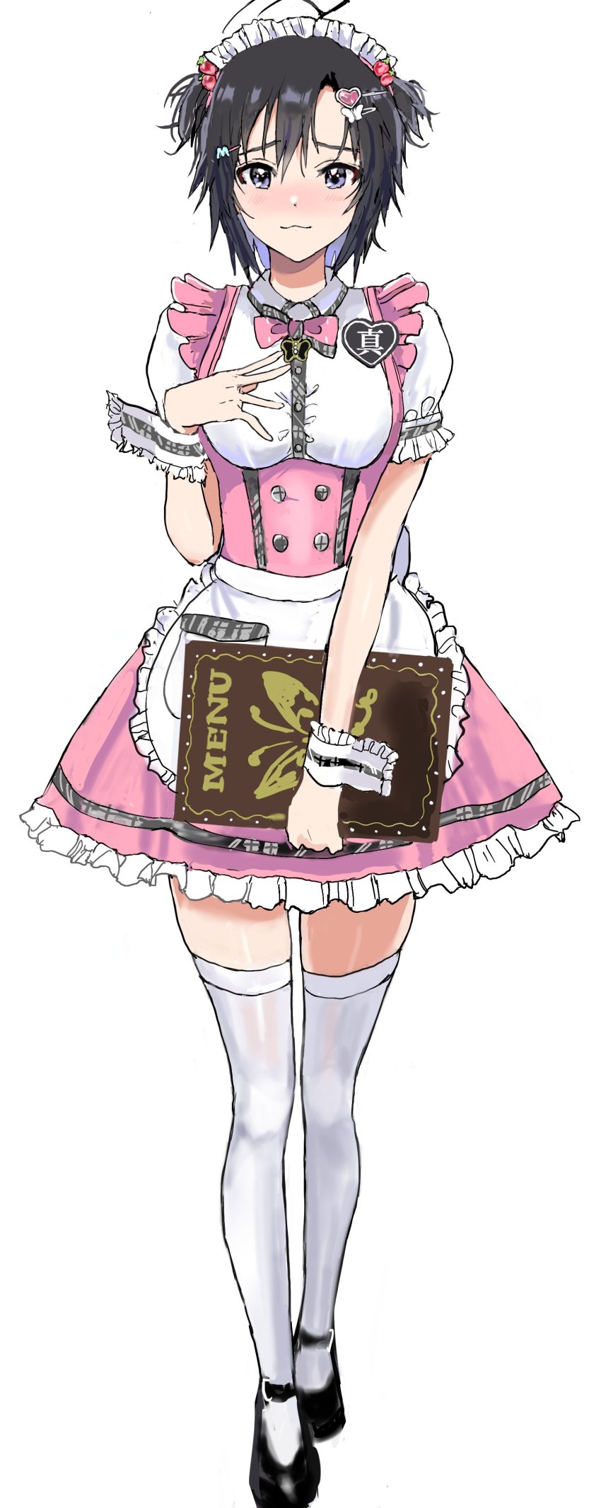 1girl, absurdres, antenna_hair, apron, black_eyes, black_hair, black_shoes, blush