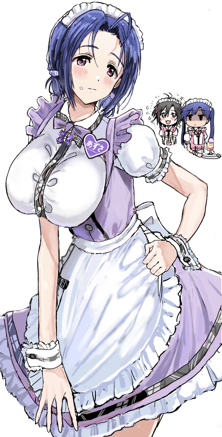 3girls, absurdres, ahoge, apron, blue_hair, bow, bowtie, breast_envy, breasts, commentary_request, cowboy_shot, dress, food, food_on_face, frilled_apron, frilled_skirt, frills, headdress, highres, hitodama_(madatohi), holding, holding_tray, idolmaster, idolmaster_(classic), idolmaster_2, idolmaster_million_live!, idolmaster_million_live!_theater_days, kikuchi_makoto, kisaragi_chihaya, large_breasts, long_hair, looking_at_another, looking_at_viewer, miura_azusa, multiple_girls, pink_eyes, pretty_waitress_(idolmaster), puffy_short_sleeves, puffy_sleeves, purple_dress, shaded_face, shirt, short_hair, short_sleeves, skirt, sparkling_eyes, tray, waist_apron, waitress, white_background, white_shirt, wrist_cuffs