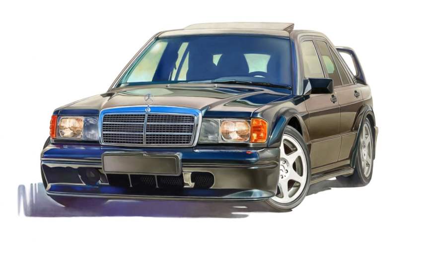 acrylic_paint_(medium), asai_takashi, car, logo, mercedes-benz, mercedes_benz_190e_2.5-16_evolution_ii, motor_vehicle, no_humans, original, painting_(medium), photorealistic, realistic, solo, spoiler_(automobile), traditional_media, vehicle_focus, white_background