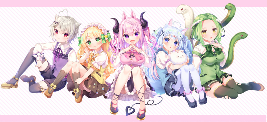 5girls, ahoge, animal_ears, atsumori_chiina, bad_id, bad_pixiv_id, black_legwear, blonde_hair, blue_eyes, blue_hair, braid, convenient_censoring, cosplay, creature, demon, demon_tail, fang, full_body, garter_straps, gochuumon_wa_usagi_desu_ka?, green_eyes, green_hair, hair_ornament, hair_ribbon, heart, heart-shaped_pupils, highres, horns, indie_virtual_youtuber, kitsune, kohachi_mel, komachi_pochi, kyuubi, long_hair, looking_at_viewer, minose_kanade, multiple_girls, multiple_tails, pantyhose, pink_hair, pointy_ears, purple_eyes, rabbit, red_eyes, ribbon, sawa_neko_(vtuber), sena_conoe, shoes, short_hair, simple_background, sitting, skin_fang, skirt, snake, symbol-shaped_pupils, tail, thighhighs, tippy_(gochiusa), virtual_youtuber, white_hair, white_legwear, yellow_eyes, zettai_ryouiki