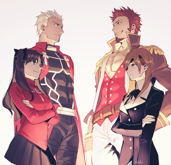 2boys, 2girls, archer_(fate), asukasuka, beard, black_hair, black_legwear, black_ribbon, blue_eyes, breasts, brown_hair, collared_shirt, commentary_request, dark_skin, dark-skinned_male, epaulettes, eyepatch, facial_hair, fate/grand_order, fate/stay_night, fate_(series), green_eyes, hair_over_one_eye, hair_ribbon, hand_on_own_hip, jacket, long_hair, long_sideburns, long_sleeves, looking_at_another, multiple_boys, multiple_girls, muscular, napoleon_bonaparte_(fate), ophelia_phamrsolone, pectorals, ribbon, scar, shirt, skirt, smile, tohsaka_rin, uniform, upper_body, white_background, white_hair