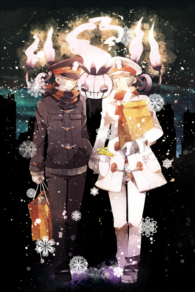 2boys, bag, black_headwear, black_jacket, black_pants, brothers, chandelure, closed_eyes