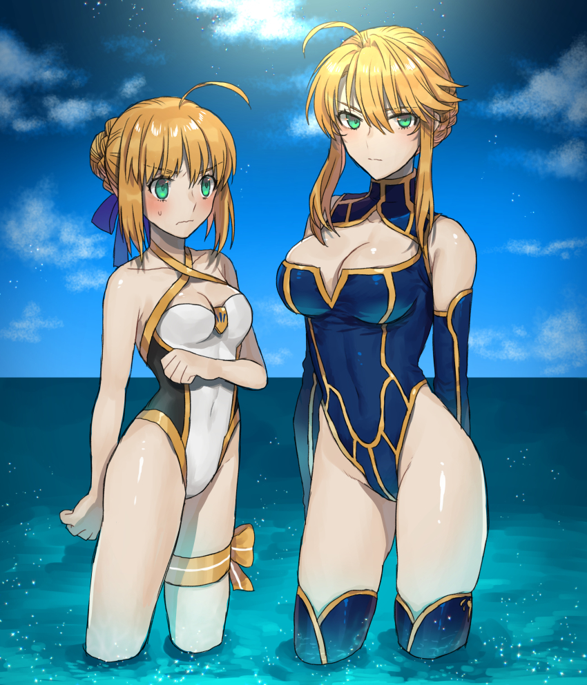 2girls, absurdres, ahoge, arm_behind_back, artoria_pendragon_(fate), artoria_pendragon_(lancer)_(fate), blonde_hair, blue_ribbon