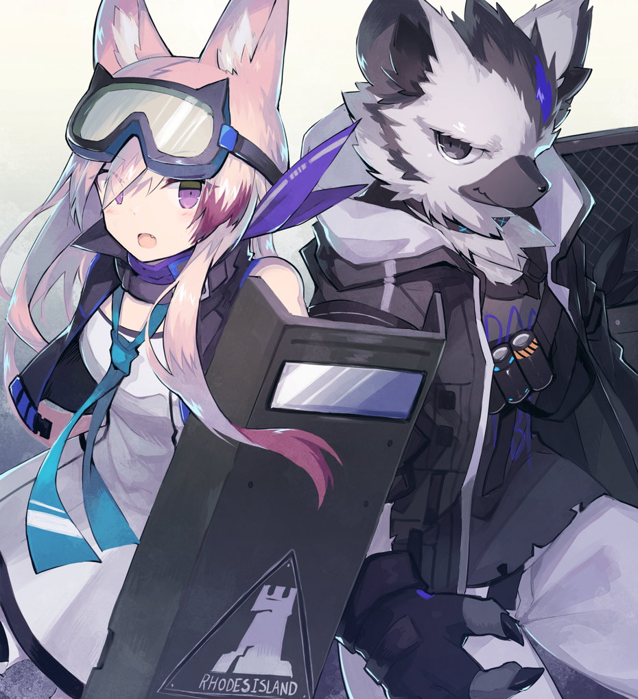 1boy, 1girl, animal_ear_fluff, animal_ears, arknights, black_gloves, black_jacket, cardigan_(arknights)