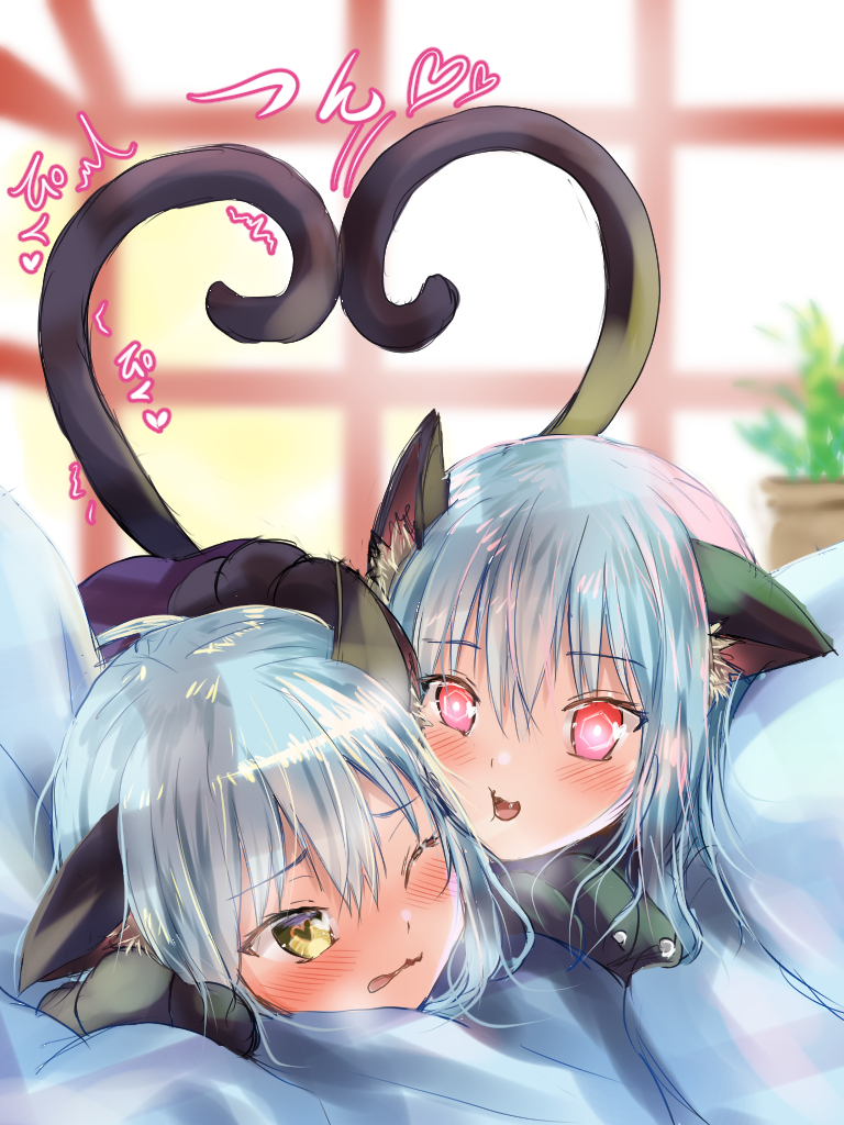 2girls, aisu_(icicleshot), alternate_costume, animal_ear_fluff, animal_ears, animal_hands, black_tail, blue_hair, blush, cat_ears, cat_tail, ciel_(tensura), cuddling, day, dual_persona, fang, gloves, heart, heart-shaped_pupils, heart_tail, heart_tail_duo, looking_at_viewer, lying, lying_on_person, multiple_girls, on_stomach, one_eye_closed, open_mouth, paw_gloves, plant, red_eyes, rimuru_tempest, symbol-shaped_pupils, tail, tensei_shitara_slime_datta_ken, yellow_eyes