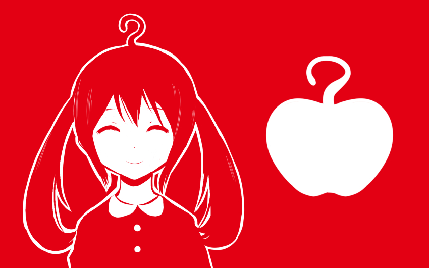 1girl, ^_^, ahoge, apple, apple_dot_com_(vocaloid), closed_eyes, commentary, facing_viewer