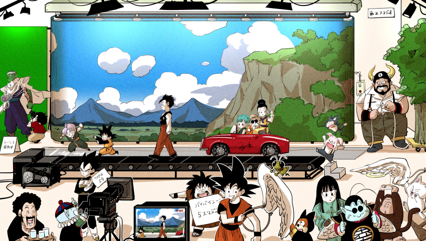 3girls, 6+boys, angel_wings, aqua_hair, black_hair, bubbles_(dragon_ball), bulma, cape