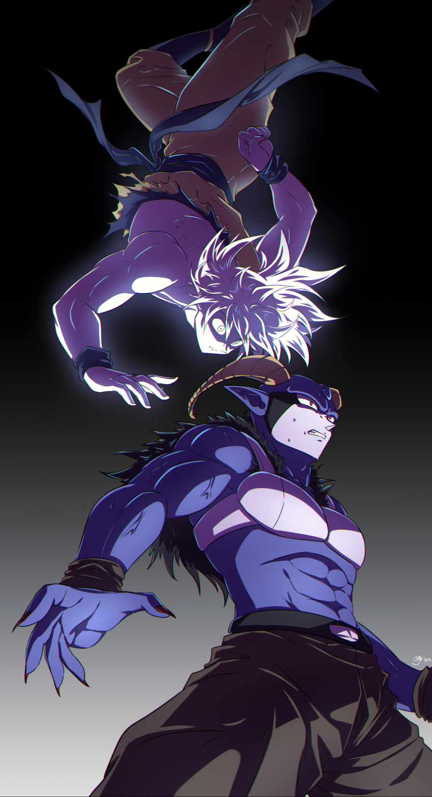 2boys, abs, absurdres, blue_sash, blue_skin, clenched_teeth, colored_skin, dragon_ball, dragon_ball_super, fingernails, floating, highres, horns, male_focus, moro_(dragon_ball), multiple_boys, muscular, pants, red_eyes, sash, sharp_fingernails, shumai_(sm318), son_goku, standing, teeth, torn_clothes, ultra_instinct, white_eyes, white_hair