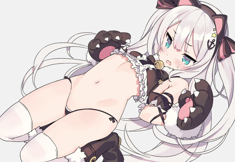 1girl, anchor_hair_ornament, animal_ears, animal_hands, azur_lane, bell, black_boots, black_panties, blade_(galaxist), blue_eyes, boots, cat_ears, commentary_request, fake_animal_ears, gloves, grey_background, hair_ornament, hammann_(azur_lane), hammann_(hammanyan_pawnch!)_(azur_lane), jingle_bell, long_hair, navel, open_mouth, panties, paw_gloves, silver_hair, simple_background, solo, stomach, thighhighs, underwear, white_background, white_thighhighs