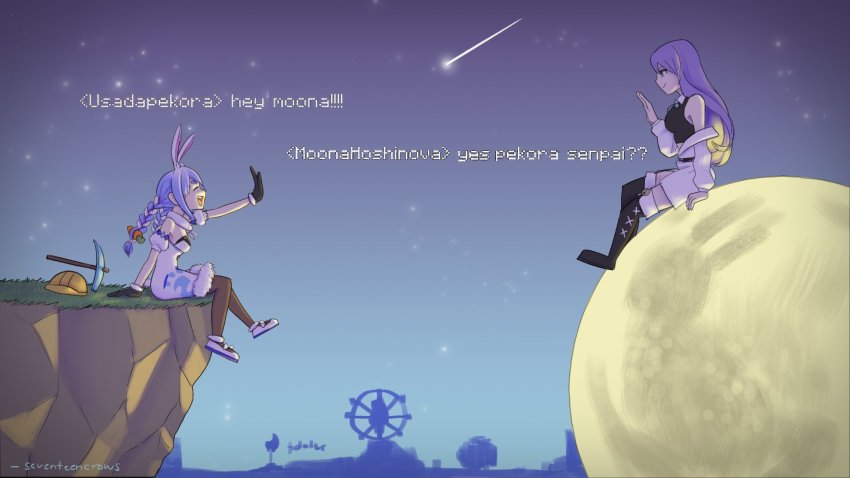2girls, arm_support, blue_hair, boots, braid, character_name, cliff, coat, crop_top, don-chan_(usada_pekora), dress, english_text, ferris_wheel, from_side, hand_up, hey_moona, highres, hololive, hololive_indonesia, horizon, looking_at_another, minecraft, mining_helmet, moon, moon_rabbit, moona_hoshinova, multicolored_hair, multiple_girls, night, off-shoulder_coat, off_shoulder, on_moon, outdoors, pantyhose, pickaxe, purple_hair, seventeencrows, shoes, shooting_star, sky, smile, star_(sky), starry_sky, thigh_boots, thighhighs, twin_braids, two-tone_hair, usada_pekora, usada_pekora_(1st_costume), virtual_youtuber, waving, white_dress, yagoo