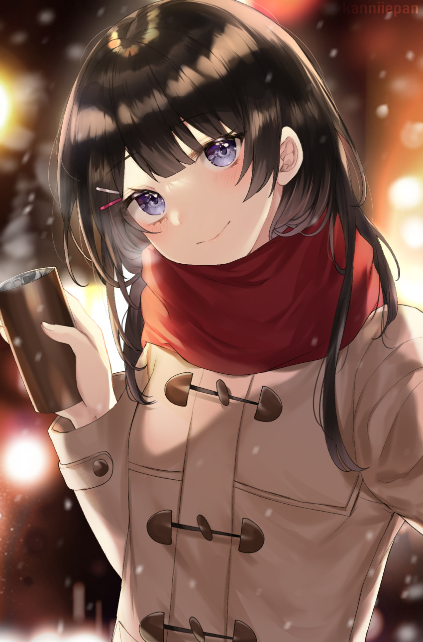 1girl, black_hair, blue_eyes, blurry, blurry_background, blush, brown_jacket, can