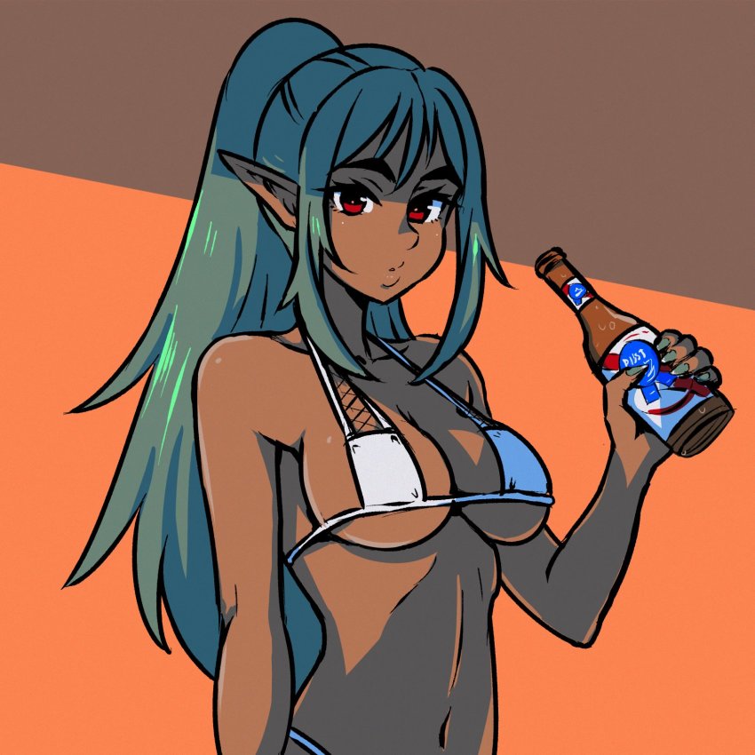 1girl, akairiot, alcohol, beer, beer_bottle, bikini, breasts, cleavage, collarbone, commentary, dappled_sunlight, dark_elf, dark_skin, dark-skinned_female, elf, english_commentary, eyepatch_bikini, fingernails, green_hair, green_nails, highres, looking_at_viewer, medium_breasts, nail_polish, navel, nose, original, pabst_blue_ribbon, pointy_ears, ponytail, red_eyes, shade, sharp_fingernails, sidelocks, solo, strap_gap, sunlight, swimsuit, thick_eyebrows, underboob, upper_body, white_bikini