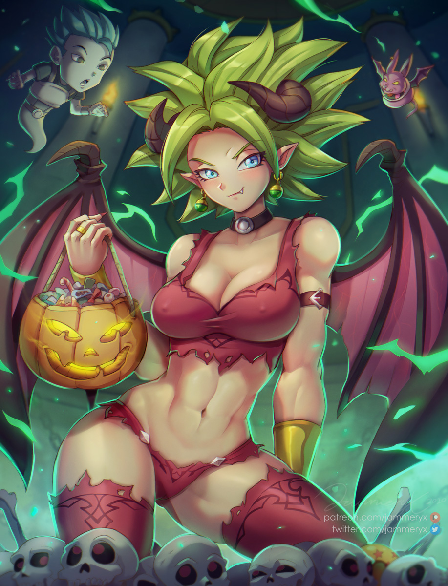 abs, armband, artist_name, aura, basket, bat_(animal), blue_eyes, bone, breasts, cabba, cameltoe, candy, chain, champa_(b88272306), choker, collarbone, covered_erect_nipples, cowboy_shot, demon_girl, dragon_ball, dragon_ball_(object), dragon_ball_super, dragon_horns, dragon_wings, earrings, english_text, facing_viewer, fang, fang_out, fingernails, food, ghost, glowing, green_hair, halloween, halloween_bucket, highres, horns, jammeryx, jewelry, kefla_(dragon_ball), linea_alba, long_fingernails, looking_at_viewer, midriff, muscular, muscular_female, navel, no_bra, patreon_logo, patreon_username, pillar, pointy_ears, potara_earrings, red_legwear, ring, signature, skull, smile, smirk, spiked_hair, standing, super_saiyan, thighhighs, thighs, torch, torn_clothes, twitter_logo, twitter_username, vambraces, watermark, wings