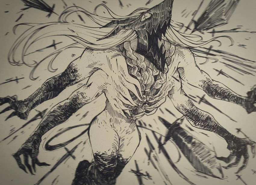 1girl, ate5424, bad_id, bad_twitter_id, black_horns, black_tail, chainsaw_man, claws